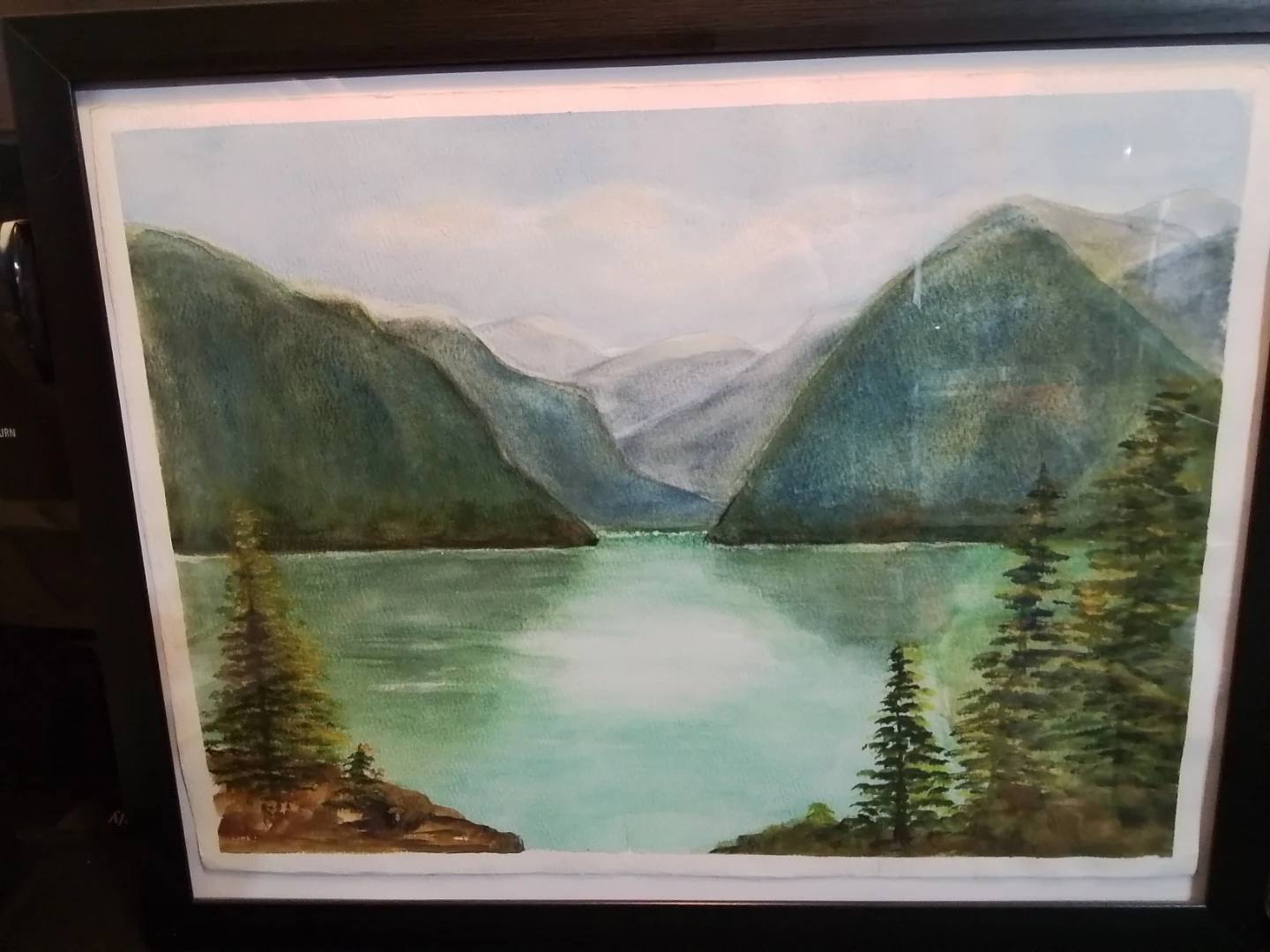 Framed Watercolor Painting of a Lake and Mountains - photo 2
