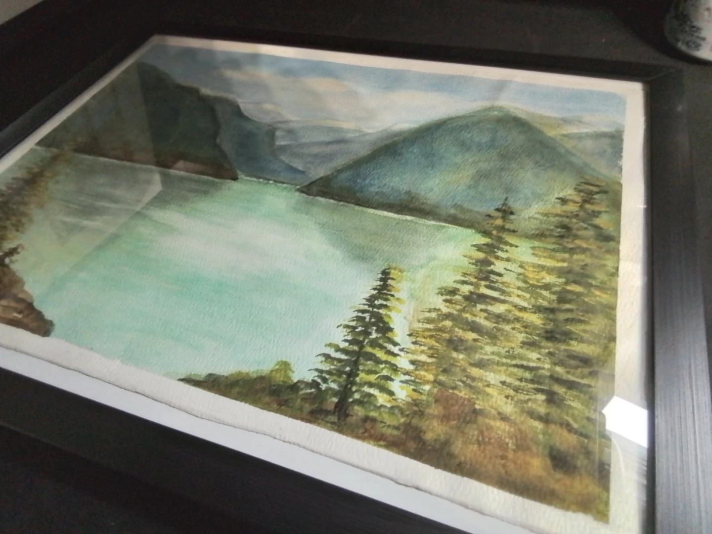 Framed Watercolor Painting of a Lake and Mountains - photo 4