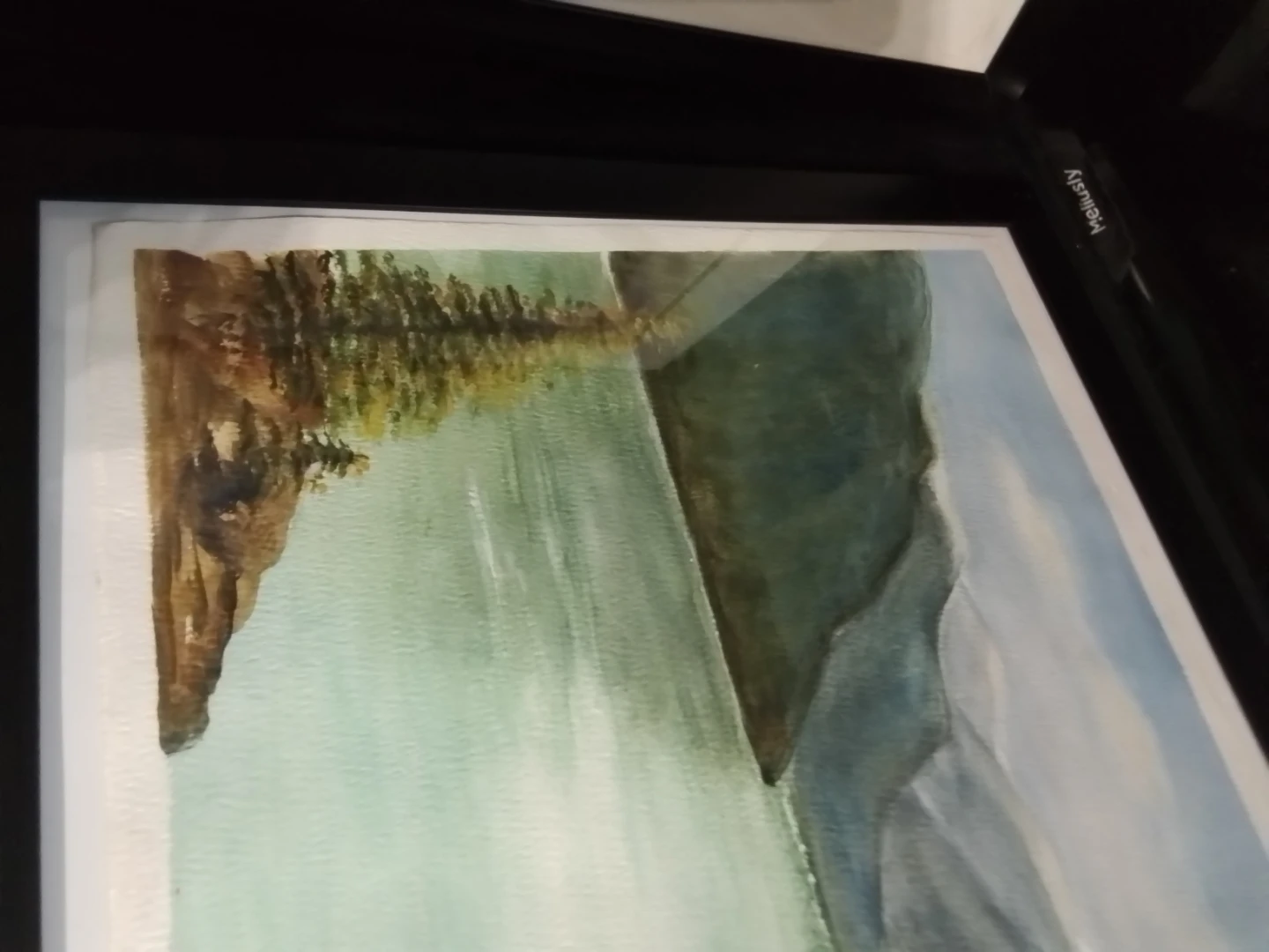 Framed Watercolor Painting of a Lake and Mountains - photo 5