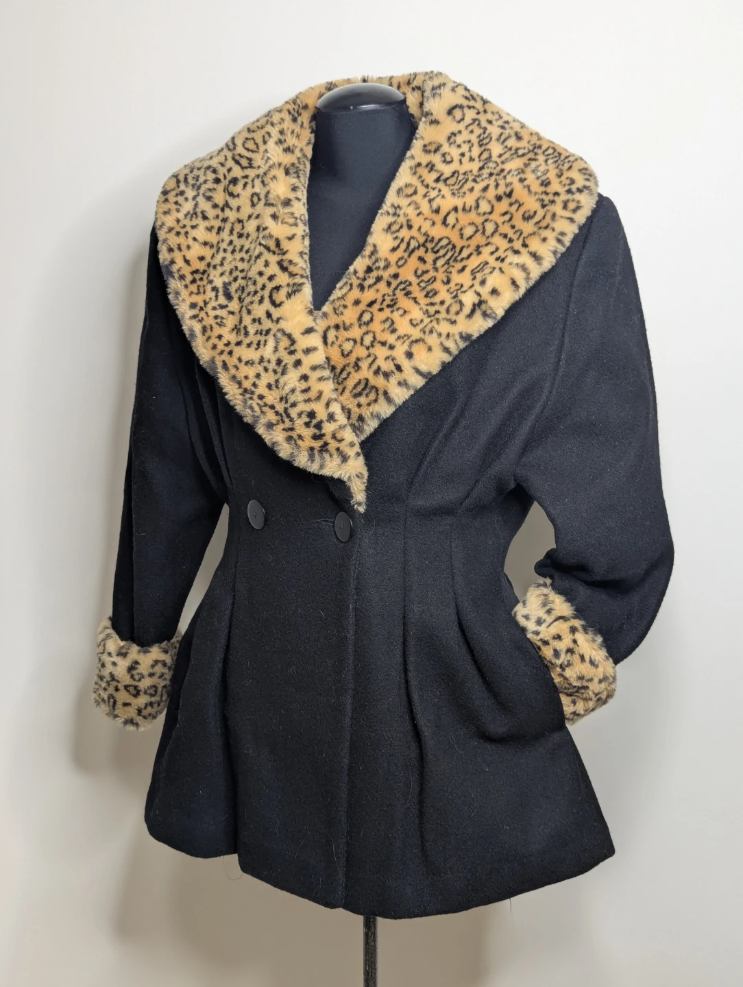 Le Chateau Black Coat with Leopard Print Faux Fur Trim - Size S
