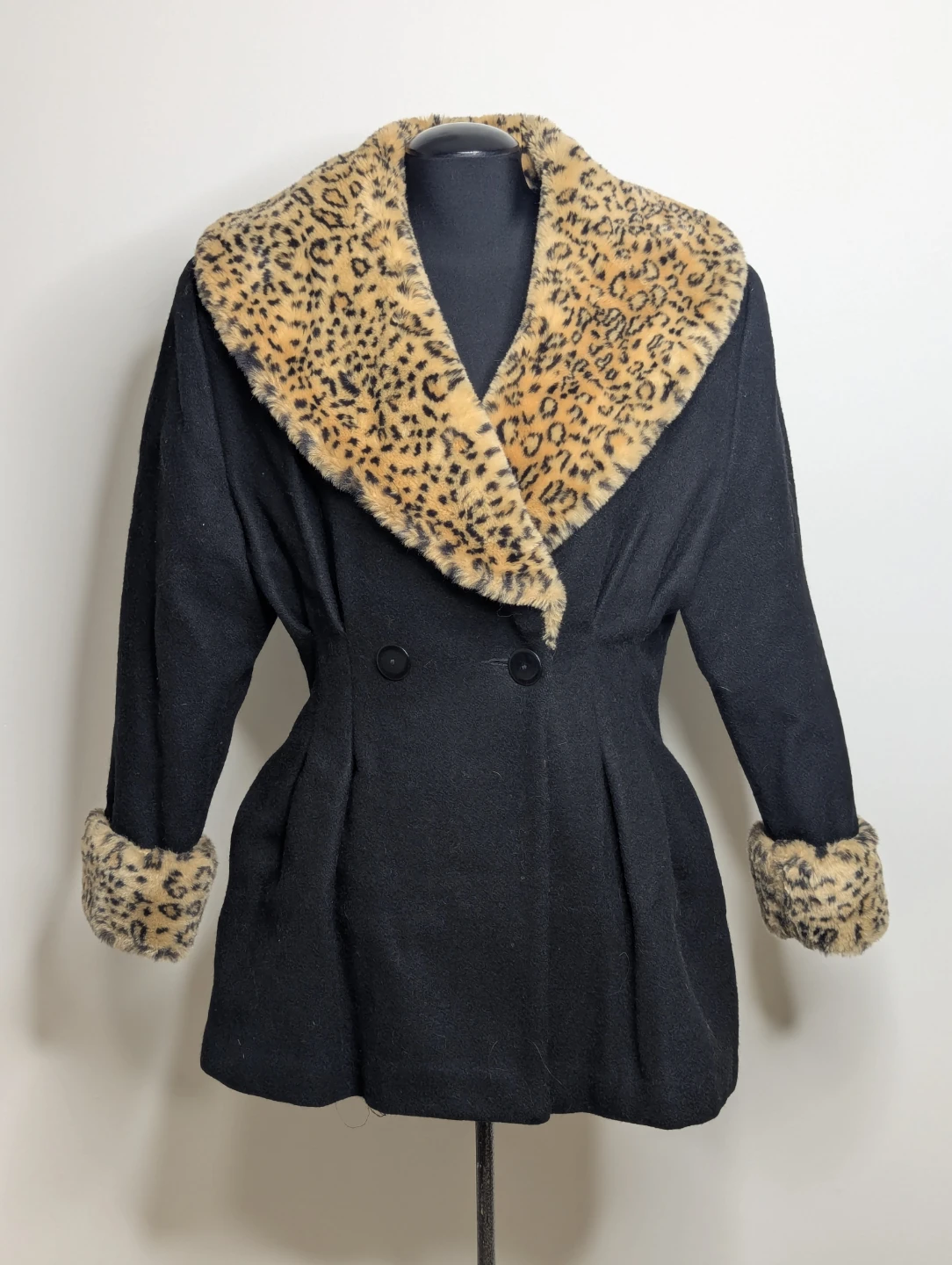 Le Chateau Black Coat with Leopard Print Faux Fur Trim - Size S - photo 2