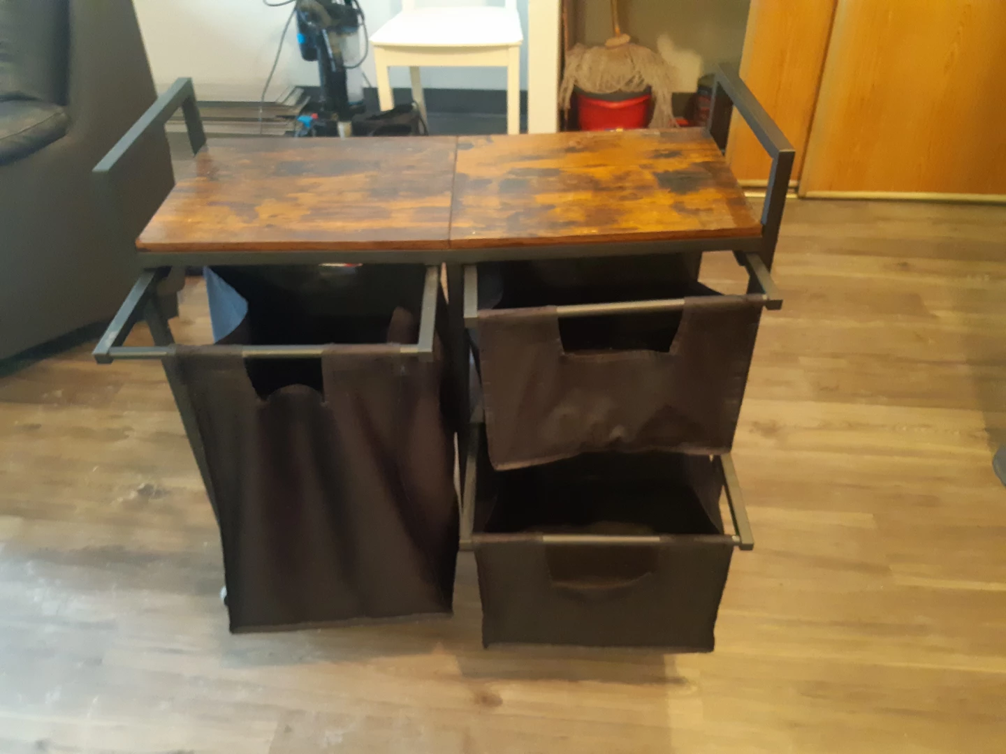 Rustic Wood Top Rolling Laundry Cart with Two Baskets