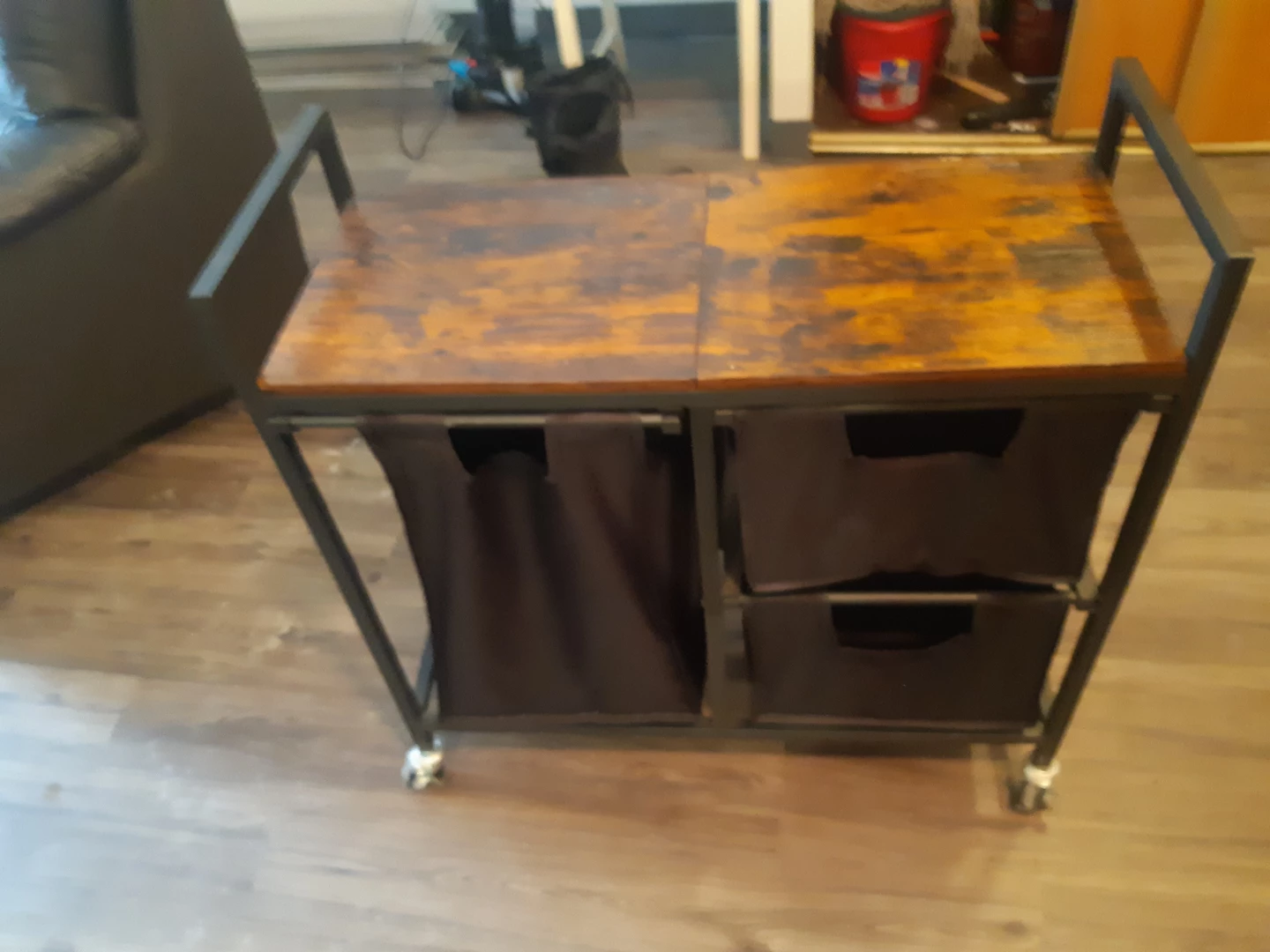 Rustic Wood Top Rolling Laundry Cart with Two Baskets - photo 3
