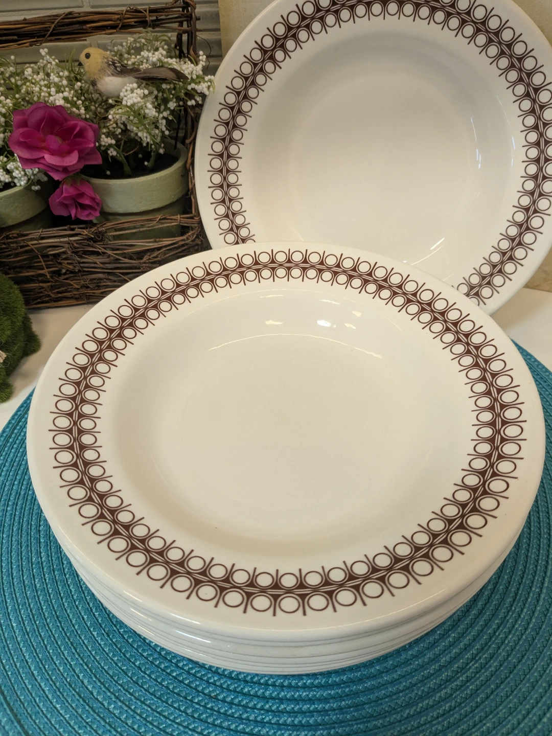 Set of 8 Vintage Brown Geometric Pattern Soup Bowls