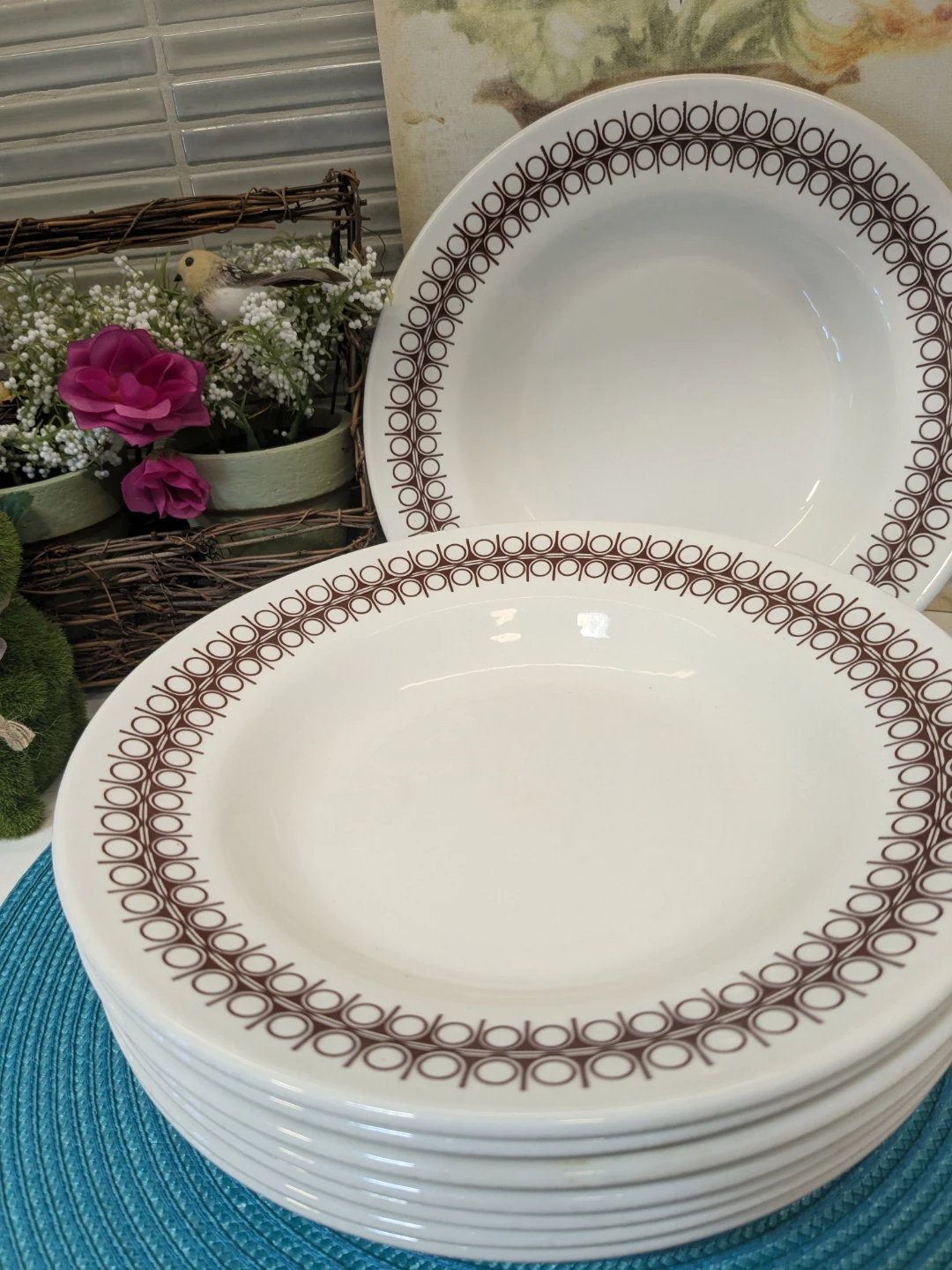 Set of 8 Vintage Brown Geometric Pattern Soup Bowls - photo 2