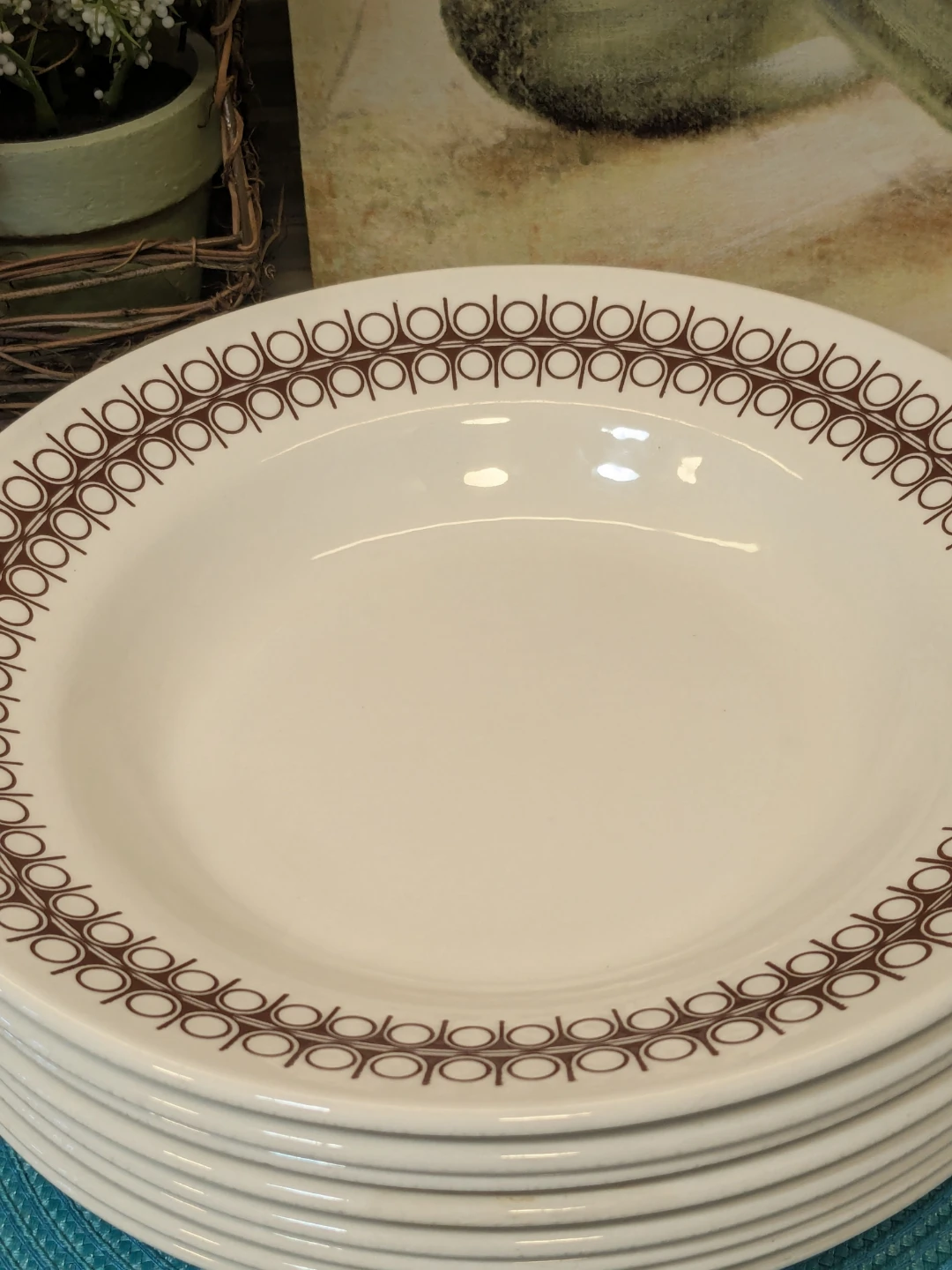 Set of 8 Vintage Brown Geometric Pattern Soup Bowls - photo 3