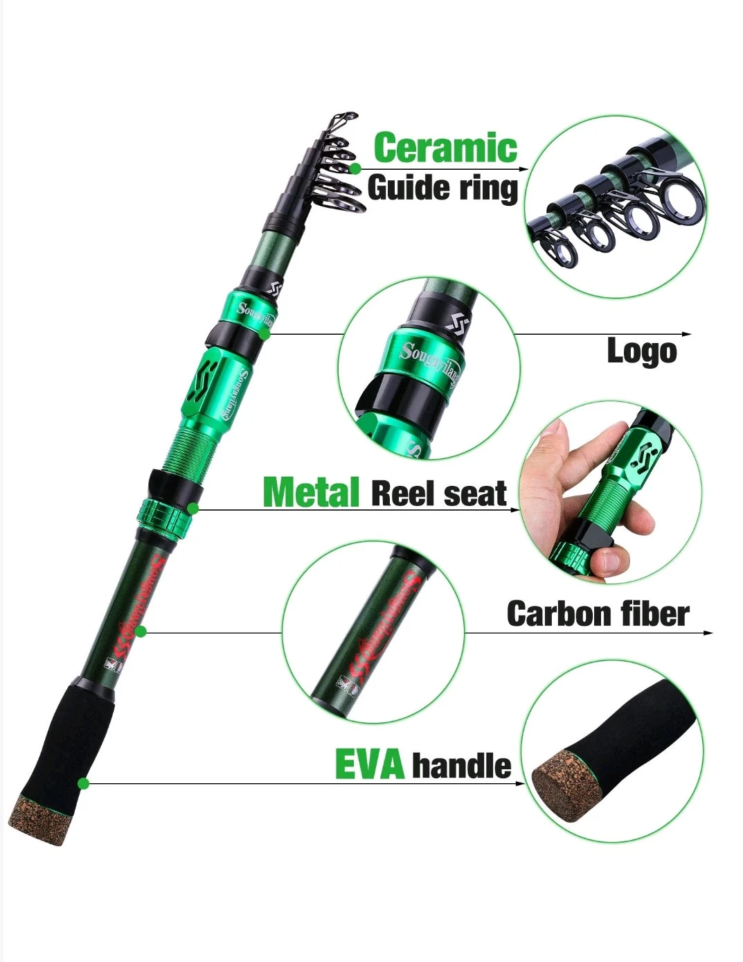 Green Telescopic Fishing Rod with Carbon Fiber and EVA Handle