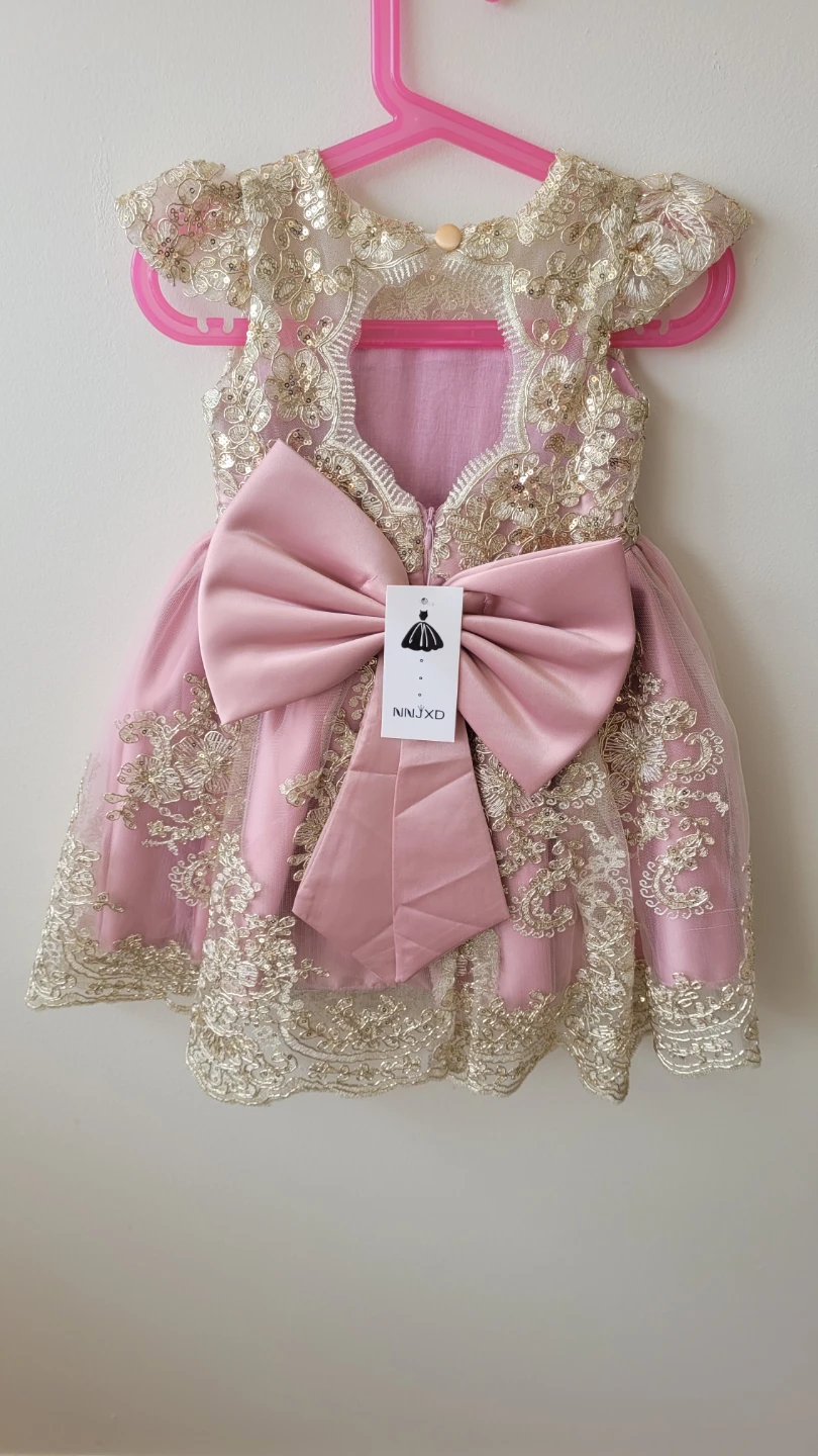 NINJXD Pink Gold Lace Baby Girl Dress with Bow - photo 2