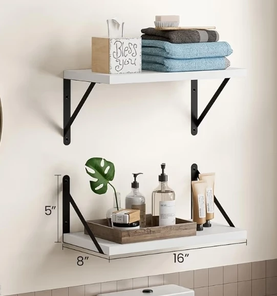 White Floating Shelves with Black Brackets (Set of 3)