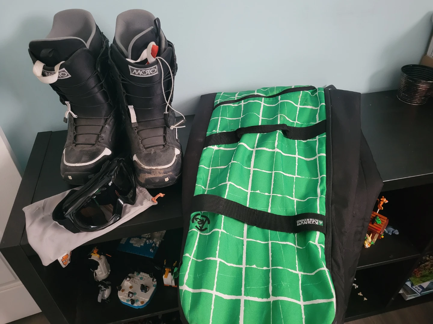 Burton Snowboard Boots, Spy Goggles, Snowboard Bag