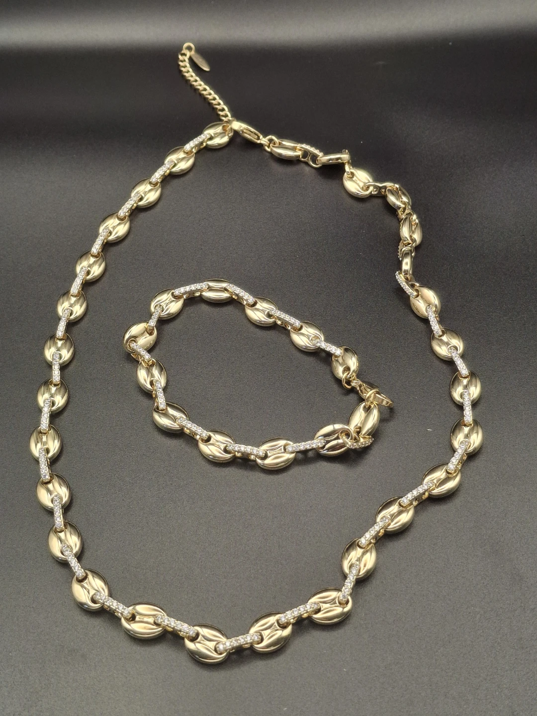 Gold-Tone Chain Necklace and Bracelet Set with Rhinestones