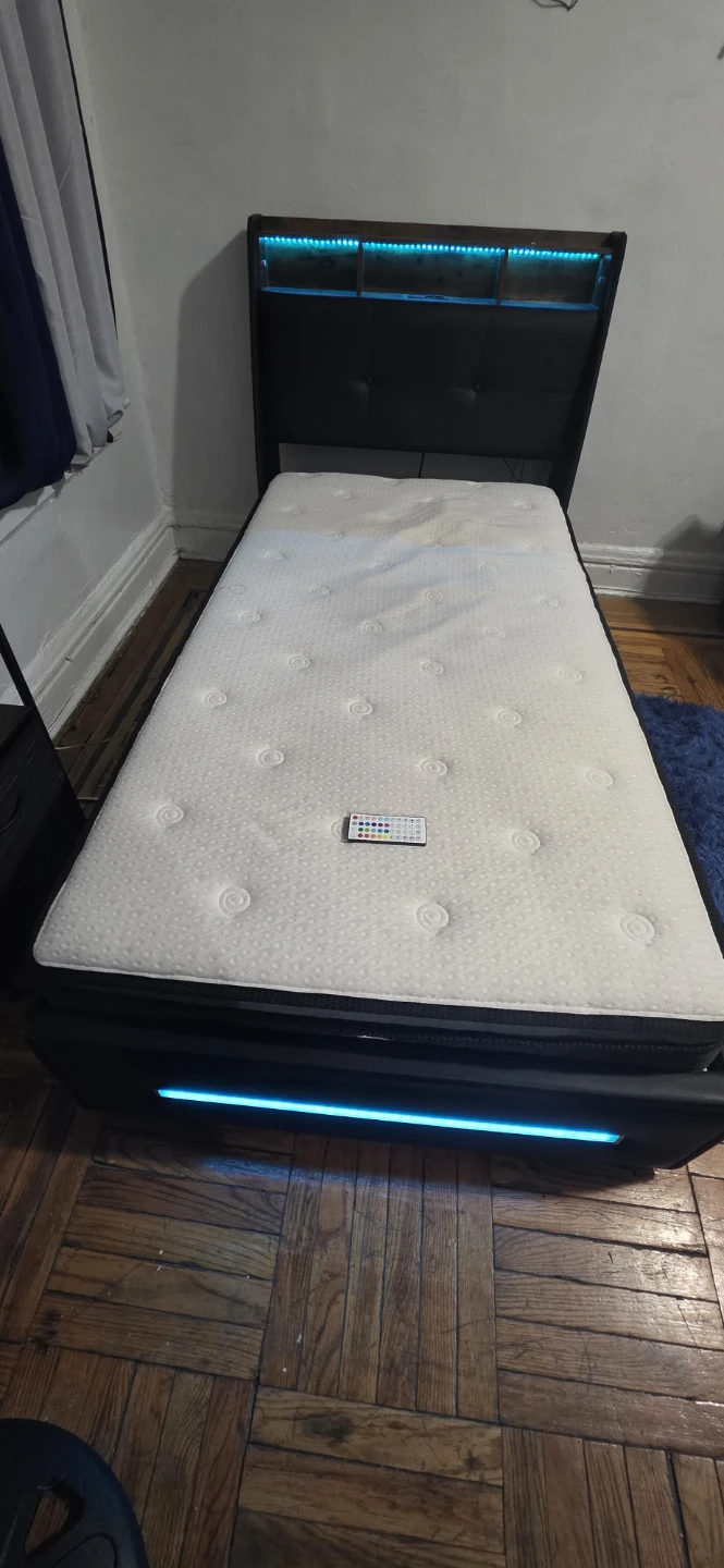 Black Platform Bed Frame with LED Lights and USB Ports Teen size