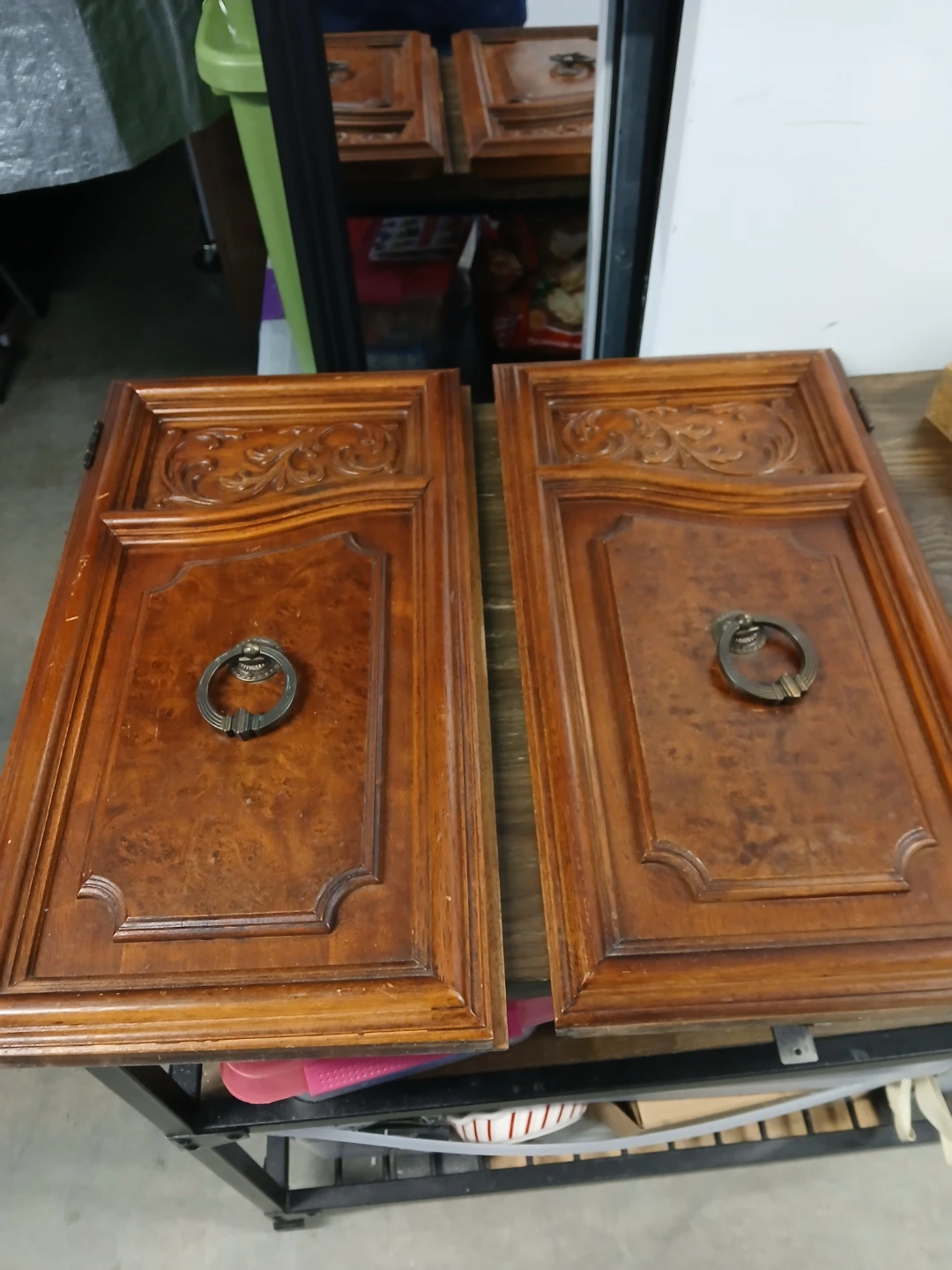Vintage Wooden Cabinet Doors w/Ring Pulls (Set of 2)