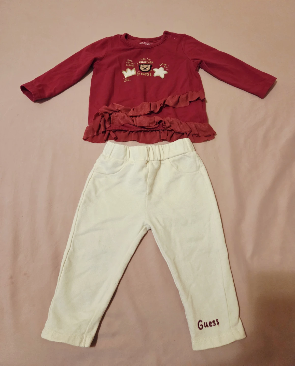 Guess Baby Girls Red Long Sleeve Top & Cream Pants Set