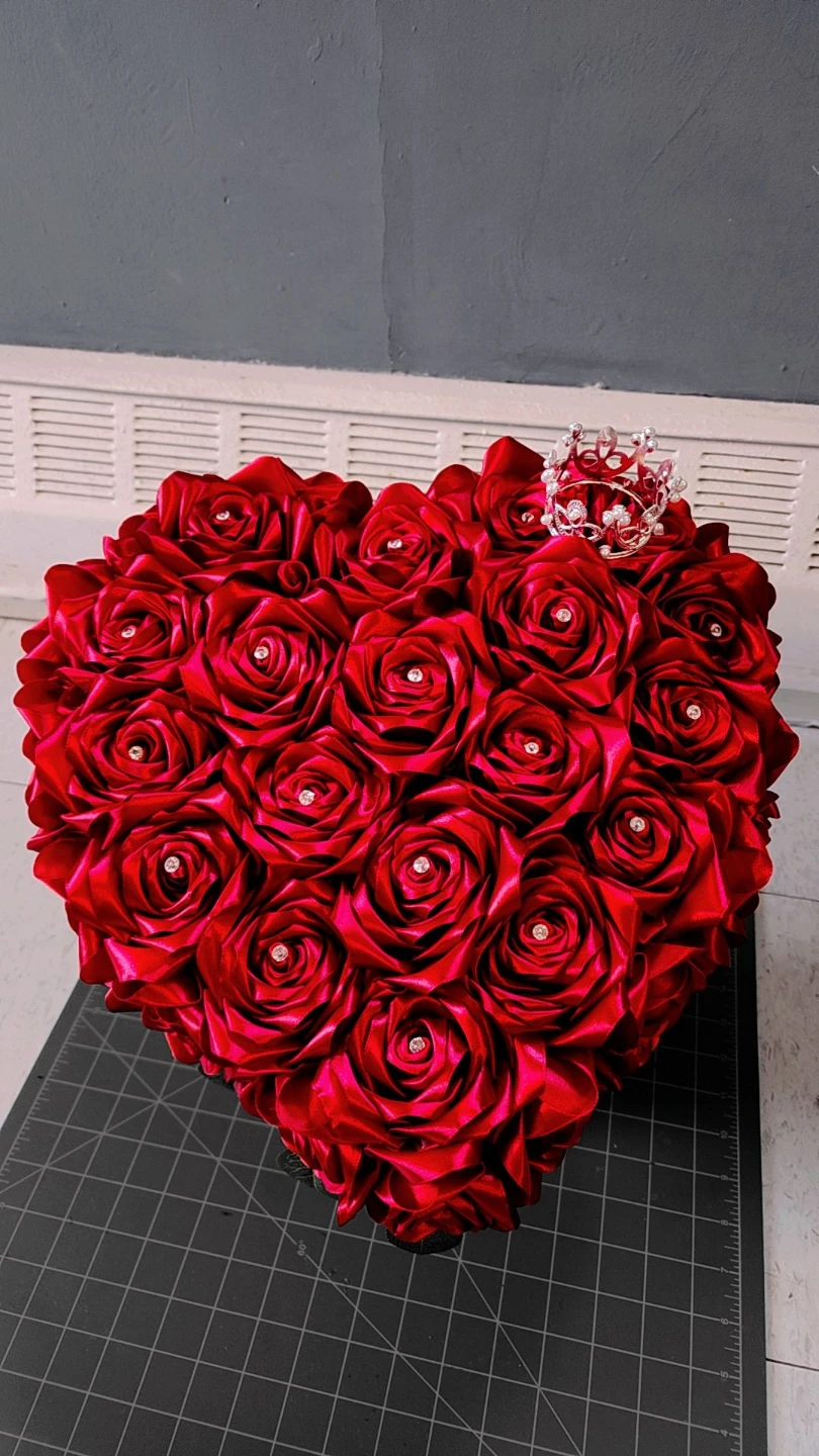 Heart Shaped Red Rose Ribbon Gift Box with Crown