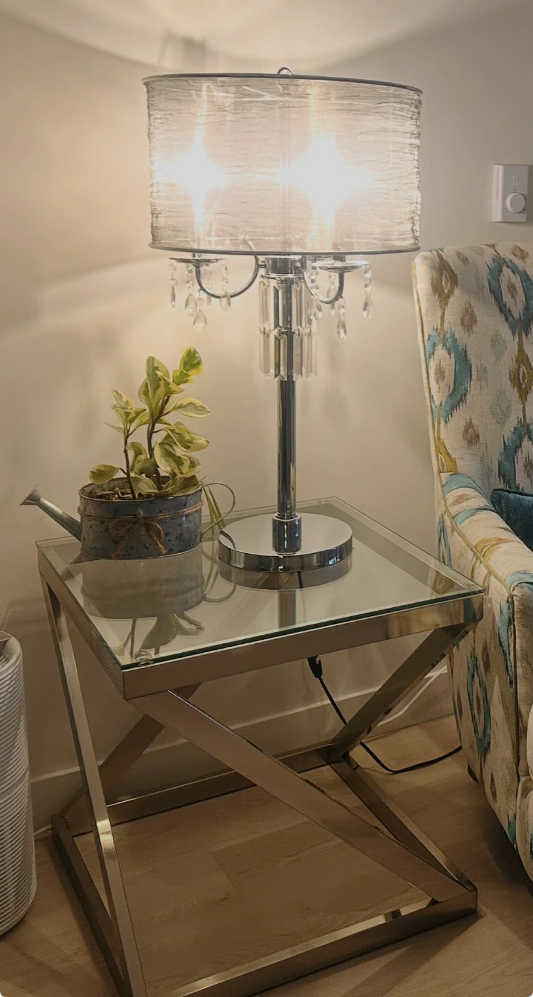 Modern Chrome and Glass Side Table with elegant lampshade