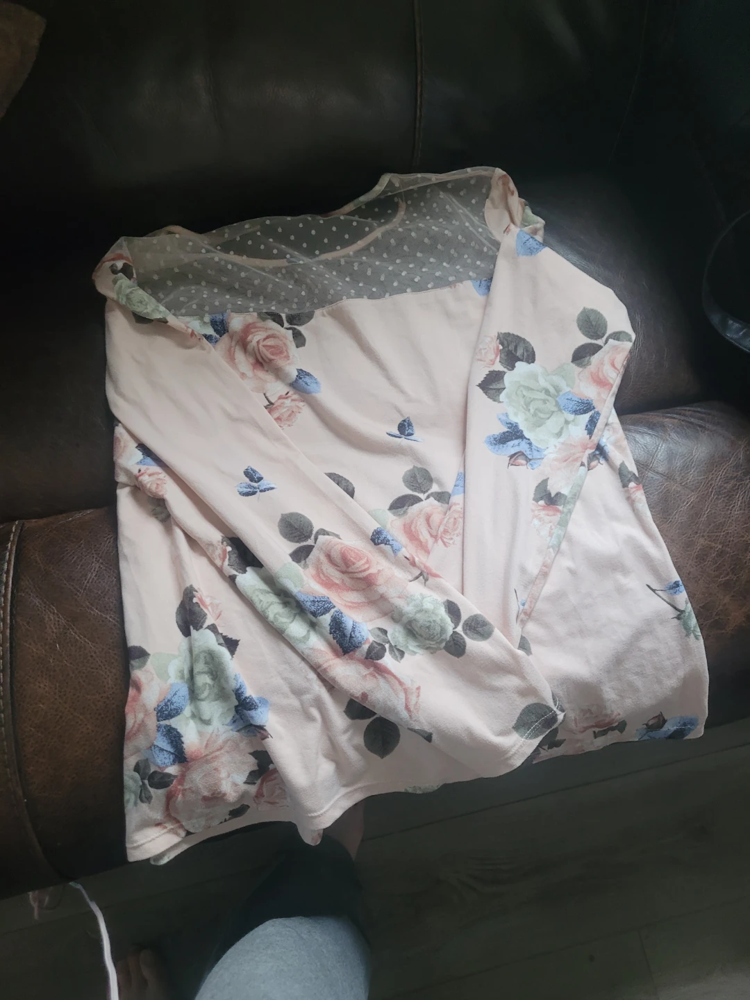 Pink Floral Long Sleeve Top with Sheer Neckline