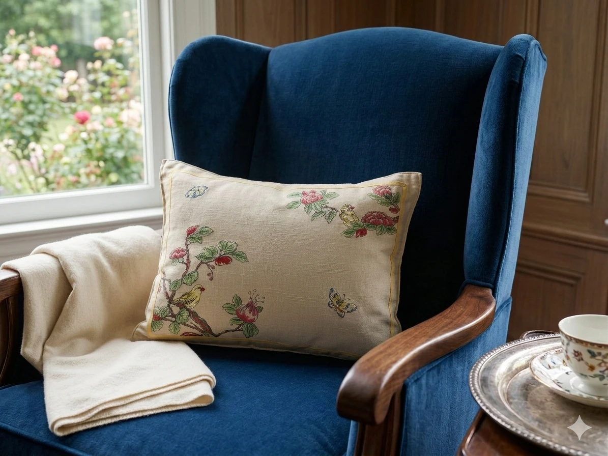 Vintage Chinoiserie Embroidered Pillow - Bird & Botanical Motif