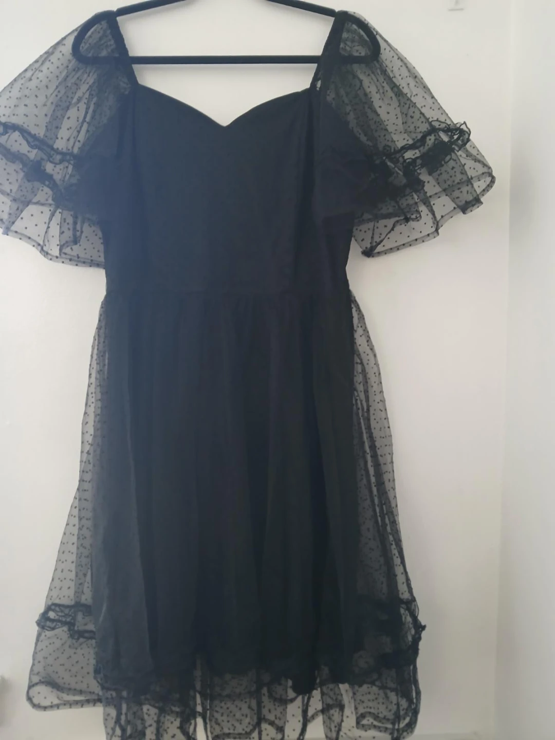 Black Mesh Dot Dress with Ruffle Sleeves