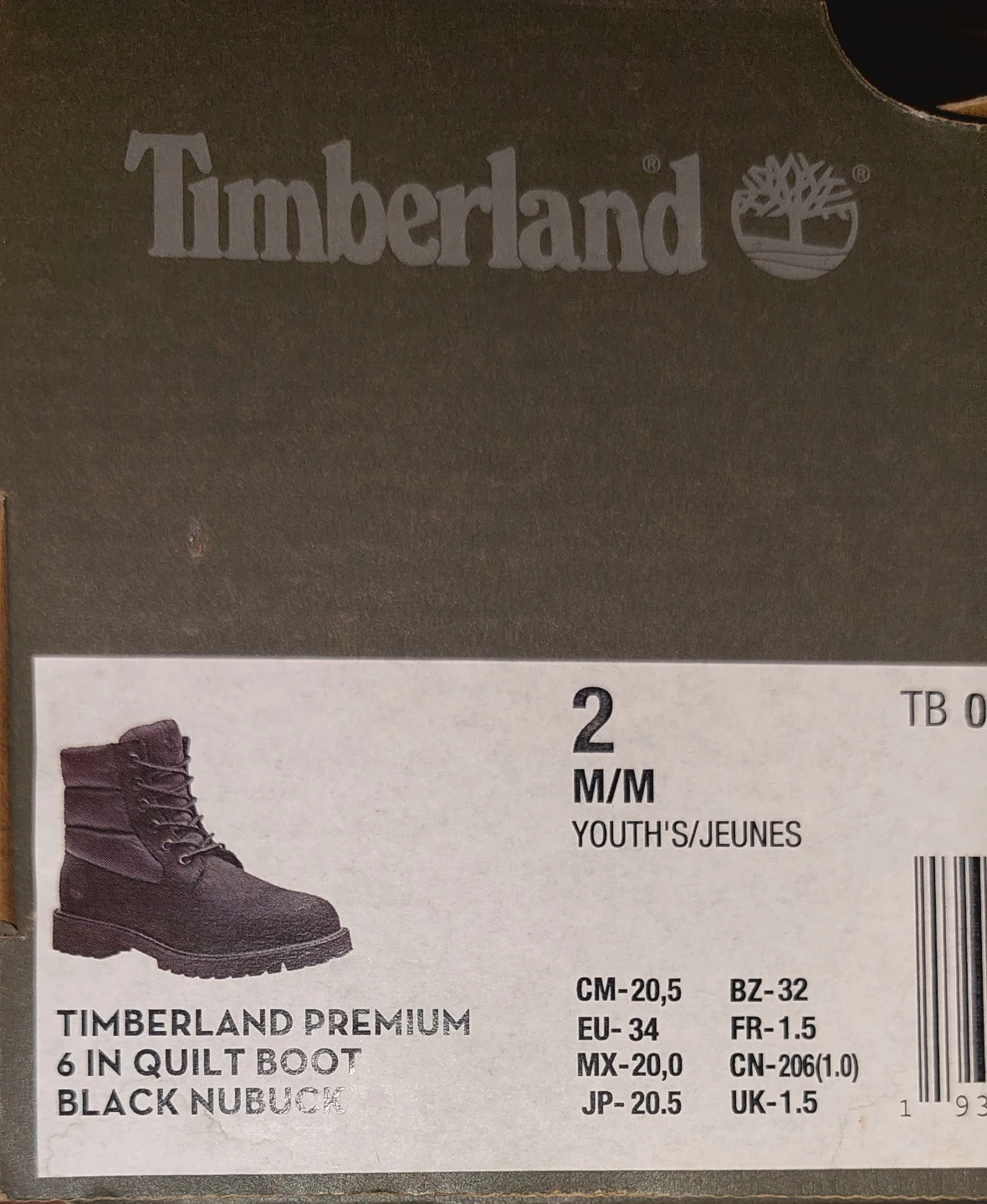 Timberland Premium 6 Inch Quilt Boot Youth's Size 2 Black Nubuck - photo 3