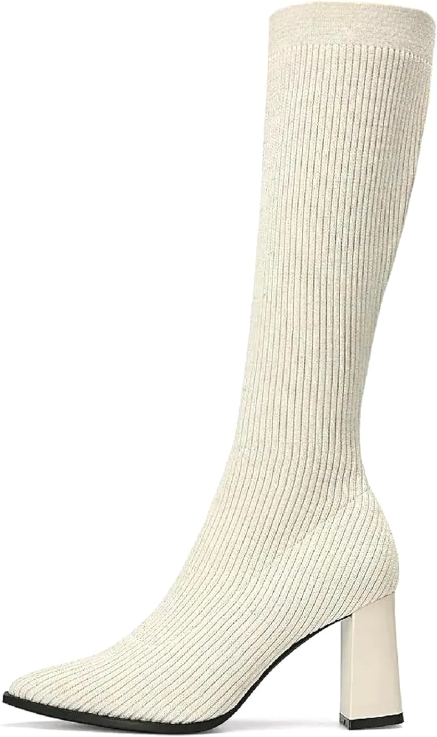 Women's White Knit Pointed Toe Block Heel Boots - photo 2