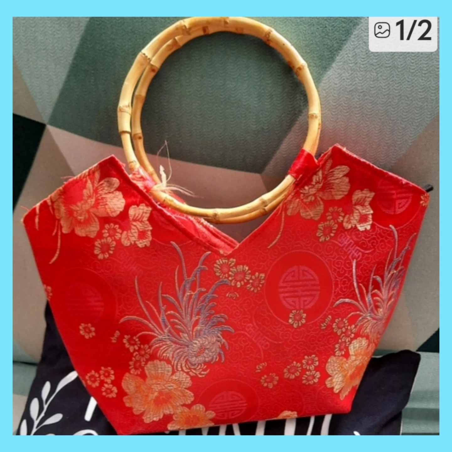 Red Brocade Handbag with Bamboo Handle