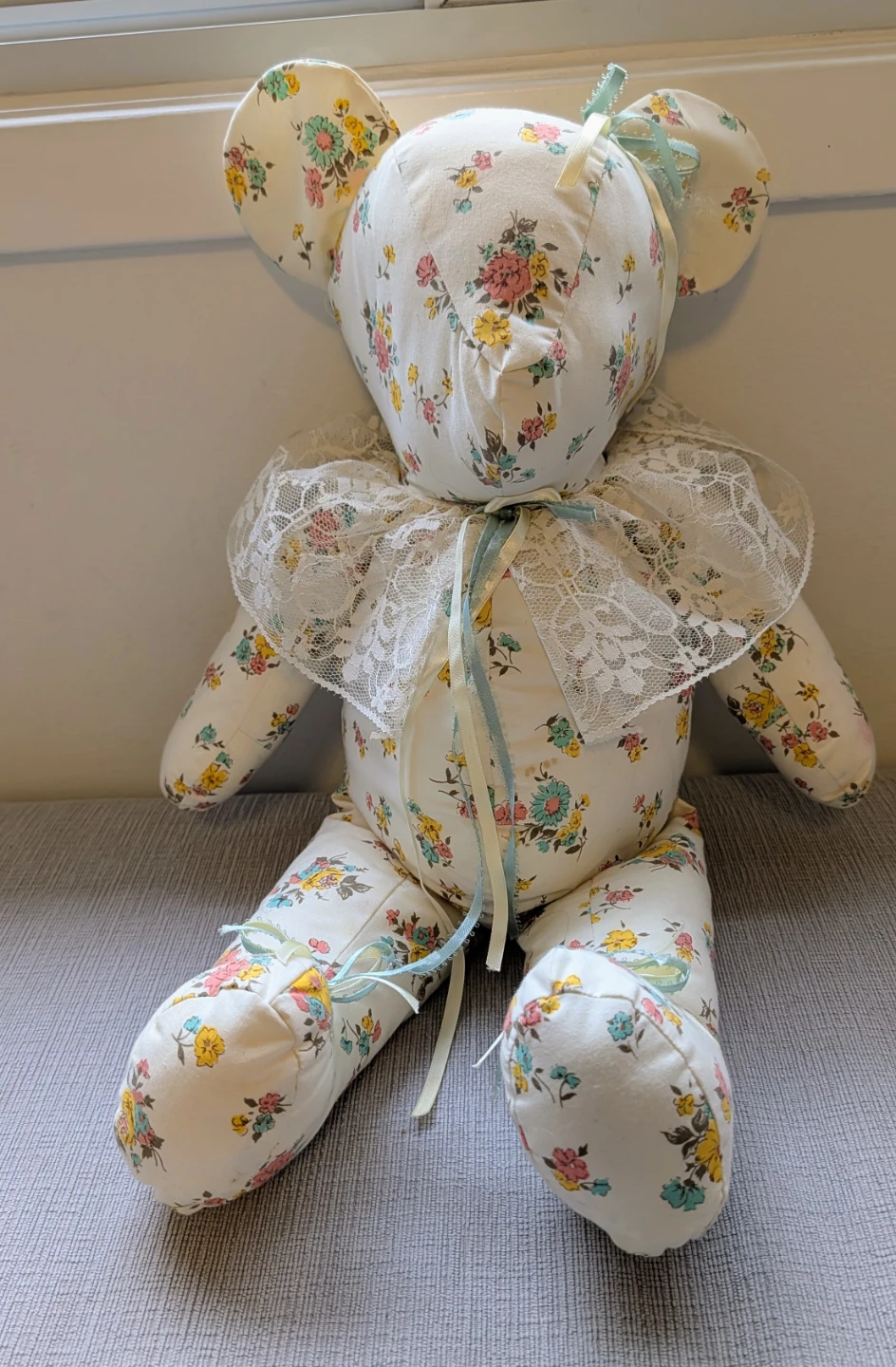 Floral Fabric Teddy Bear with Lace Collar
