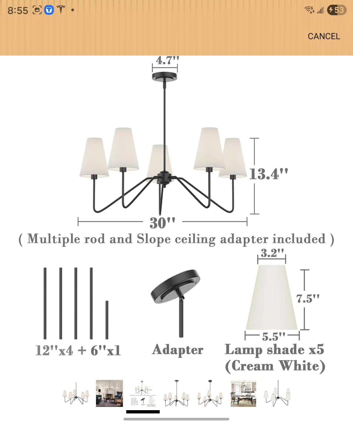 Black 5-Light Chandelier with Cream White Shades - photo 3