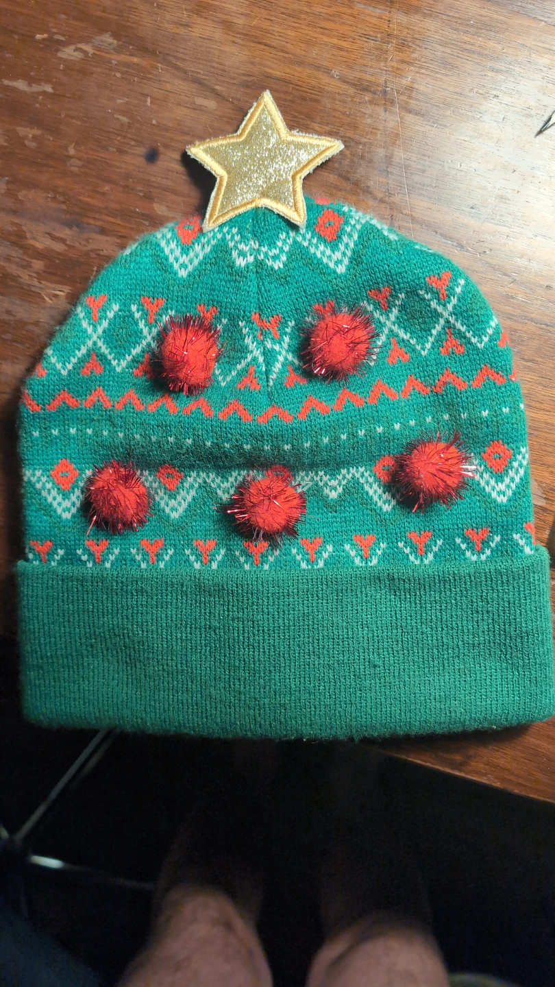 Green Christmas Tree Beanie with Star and Pom Poms