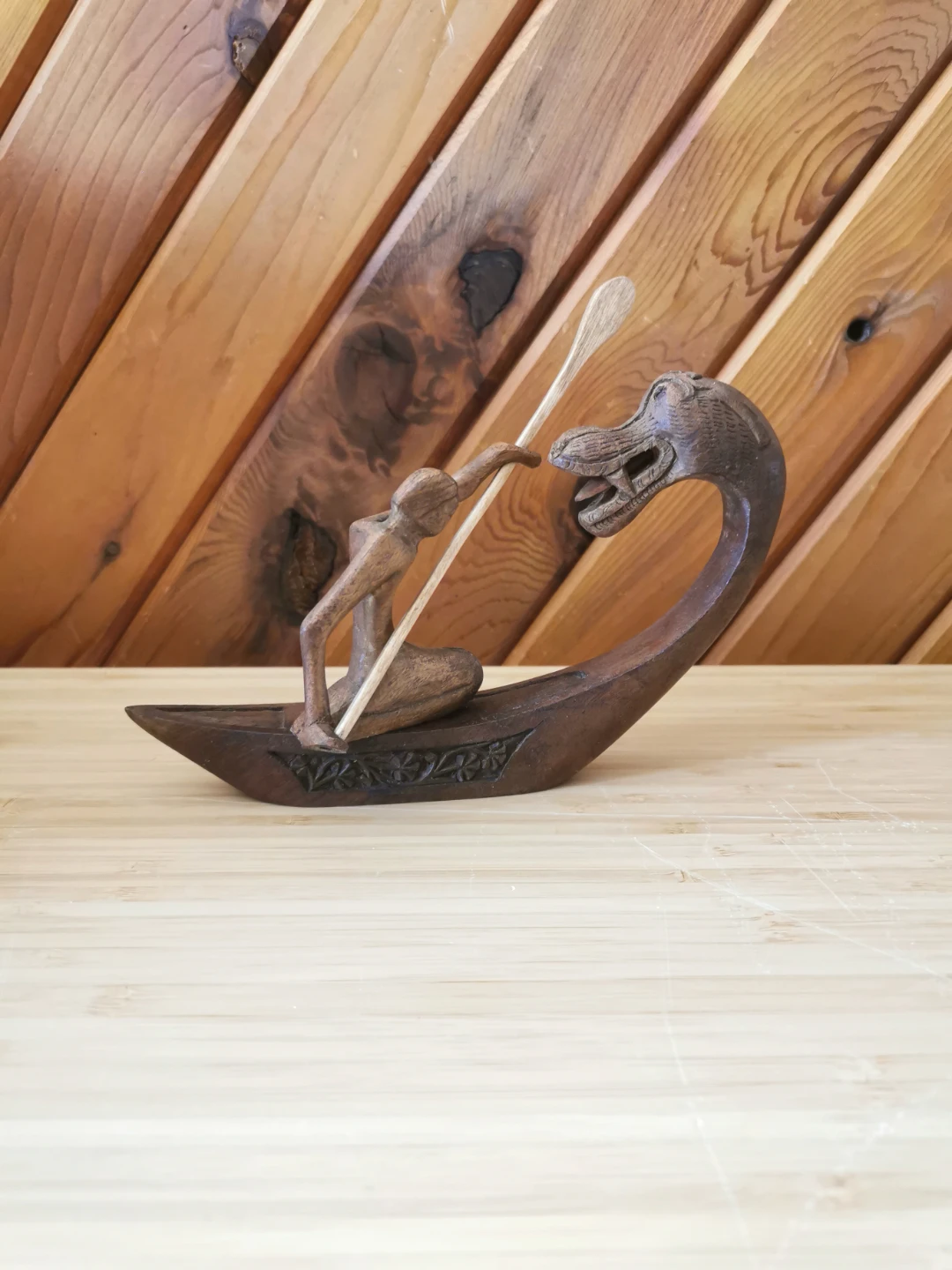 Vintage Dragon Boatman Sculpture – Hand-Carved Folk Art