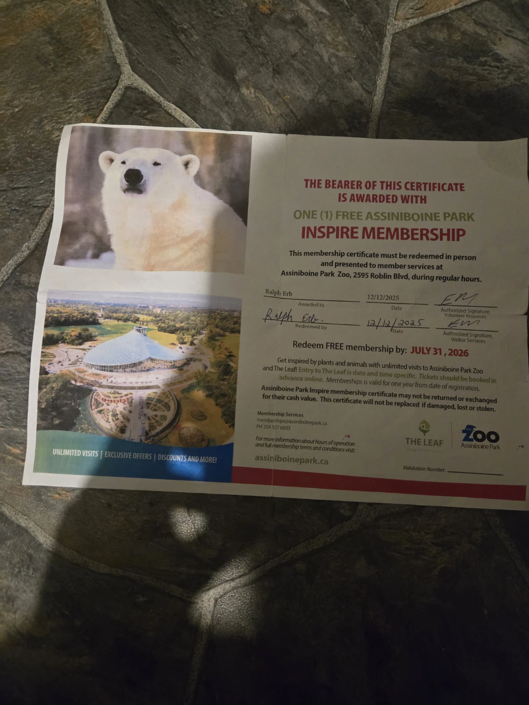 Assiniboine Park Zoo Inspire Membership Certificate