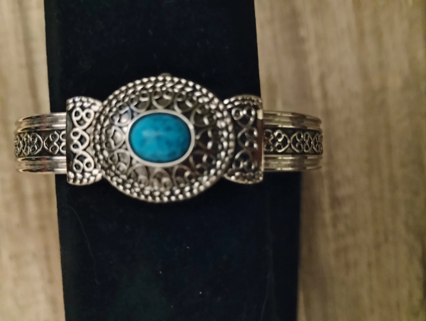 Ornate Silver-Tone Bangle Watch with Turquoise - photo 3