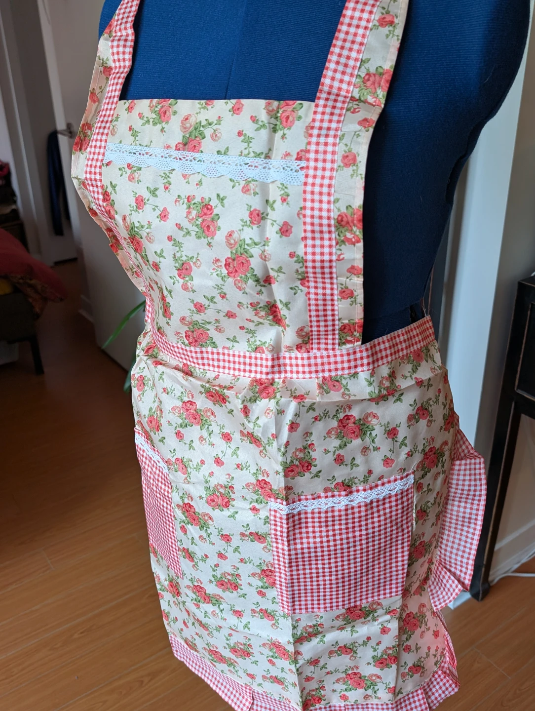 Floral Apron with Red Gingham Pockets, new
