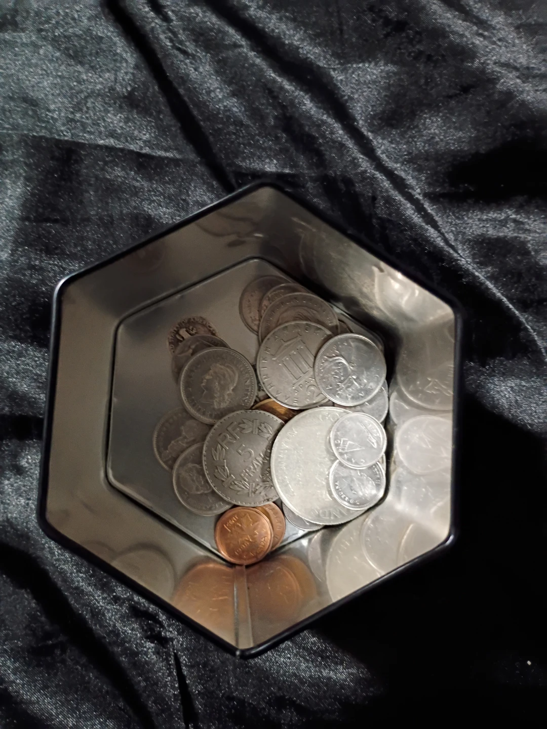 Collection of Coins and Banknote in Hexagonal Tin