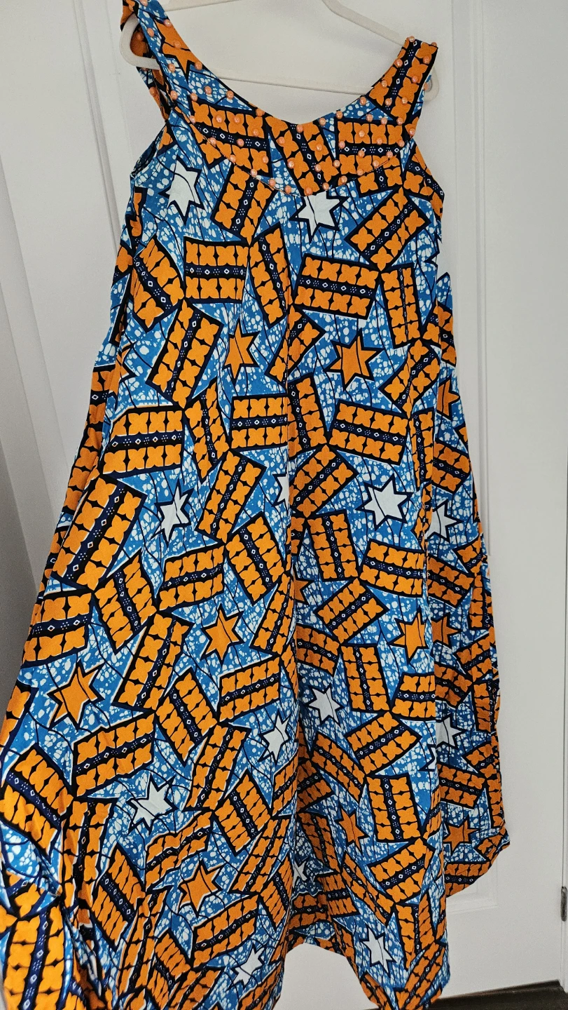 New Vibrant Print Maxi dress with Beaded Neckline, Size Medium