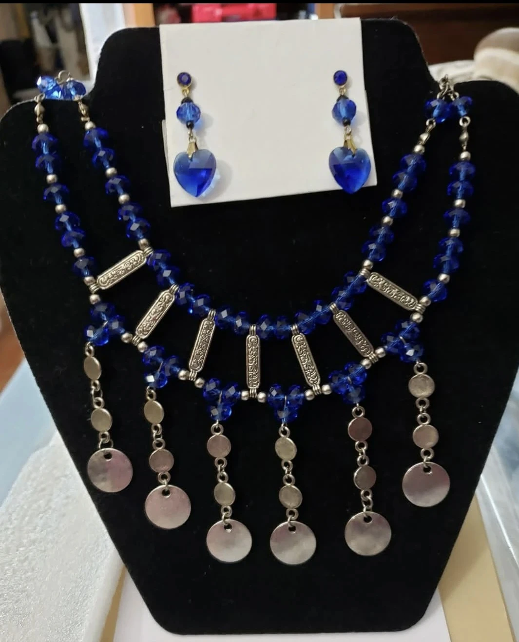 New set Blue Crystal Heart Necklace and Earring Set