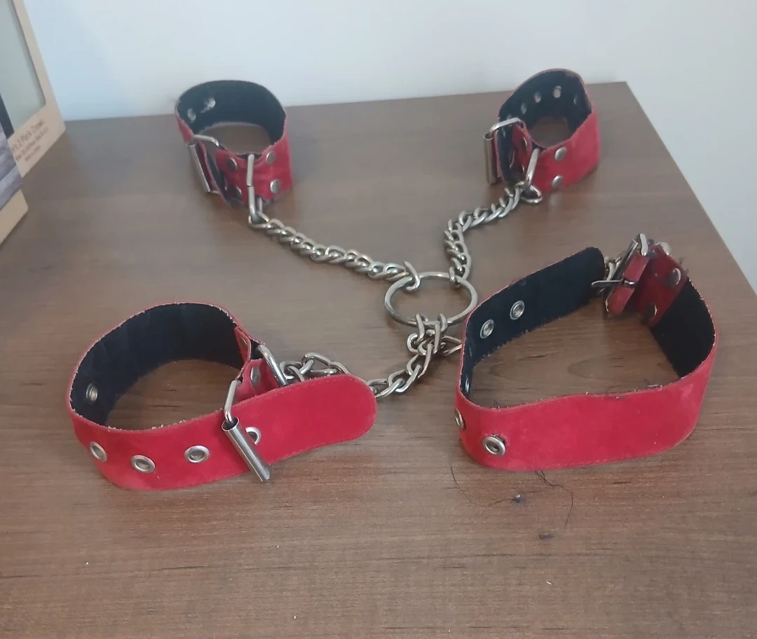 Red Faux Leather Hand and Foot Cuffs with Chain - photo 2