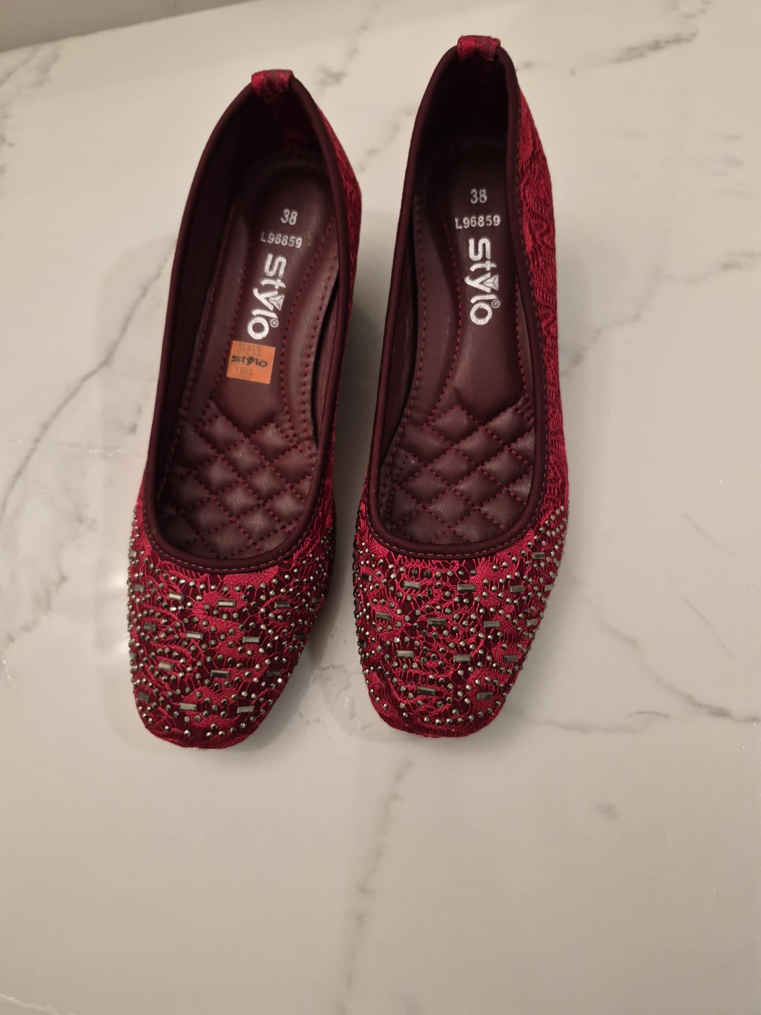 Red Stylo Wedge Flats with Embellishments - Size 38