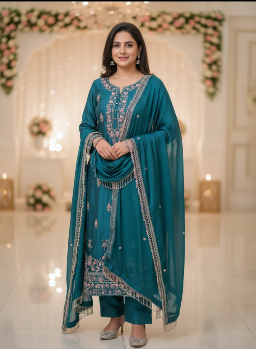 Teal Embroidered fancy Kurti with Dupatta