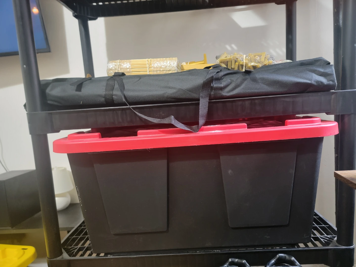 Black Storage Bin with Red Lid