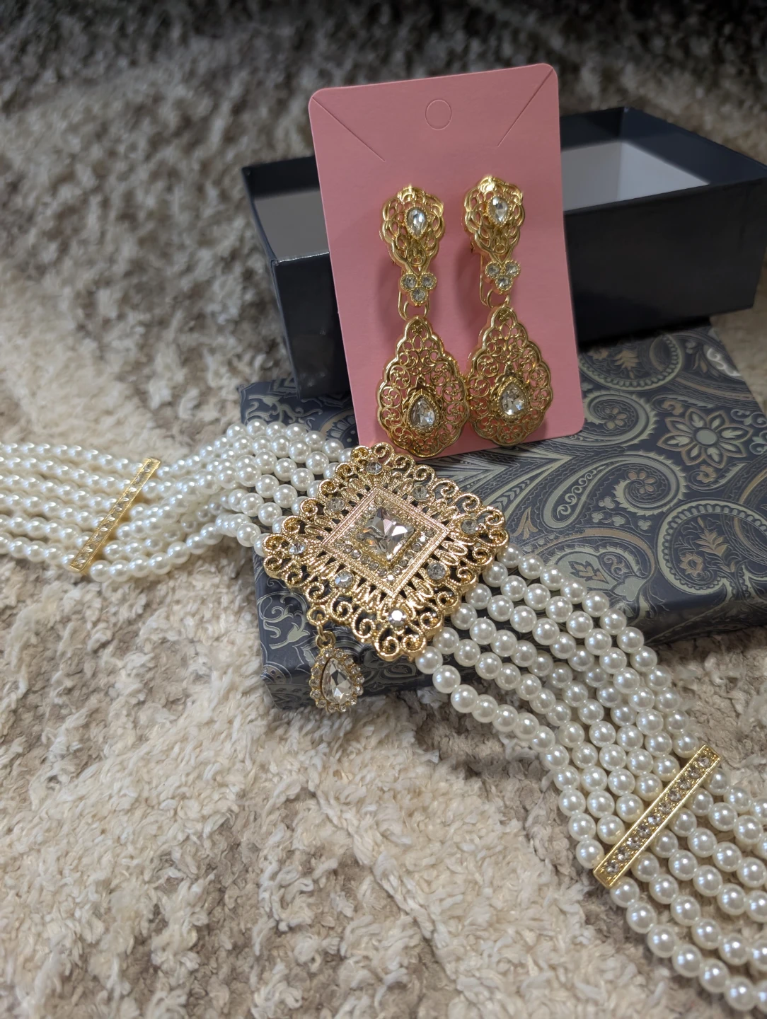 NUSH pearl Choker Necklace and Earrings Set with Gold Accents