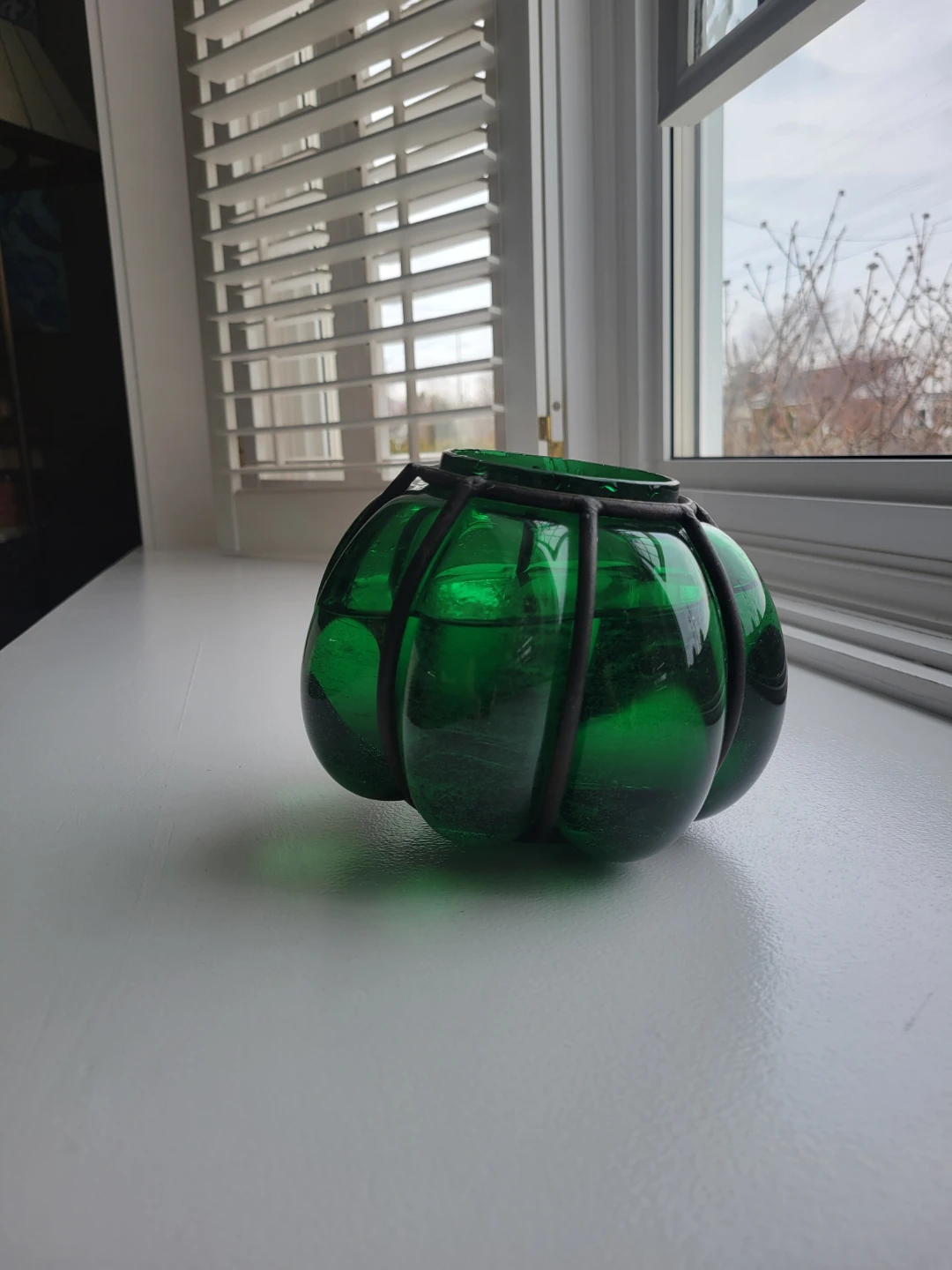 Mid Century Green Glass Candle Holder with Iron Cage.  Vasw