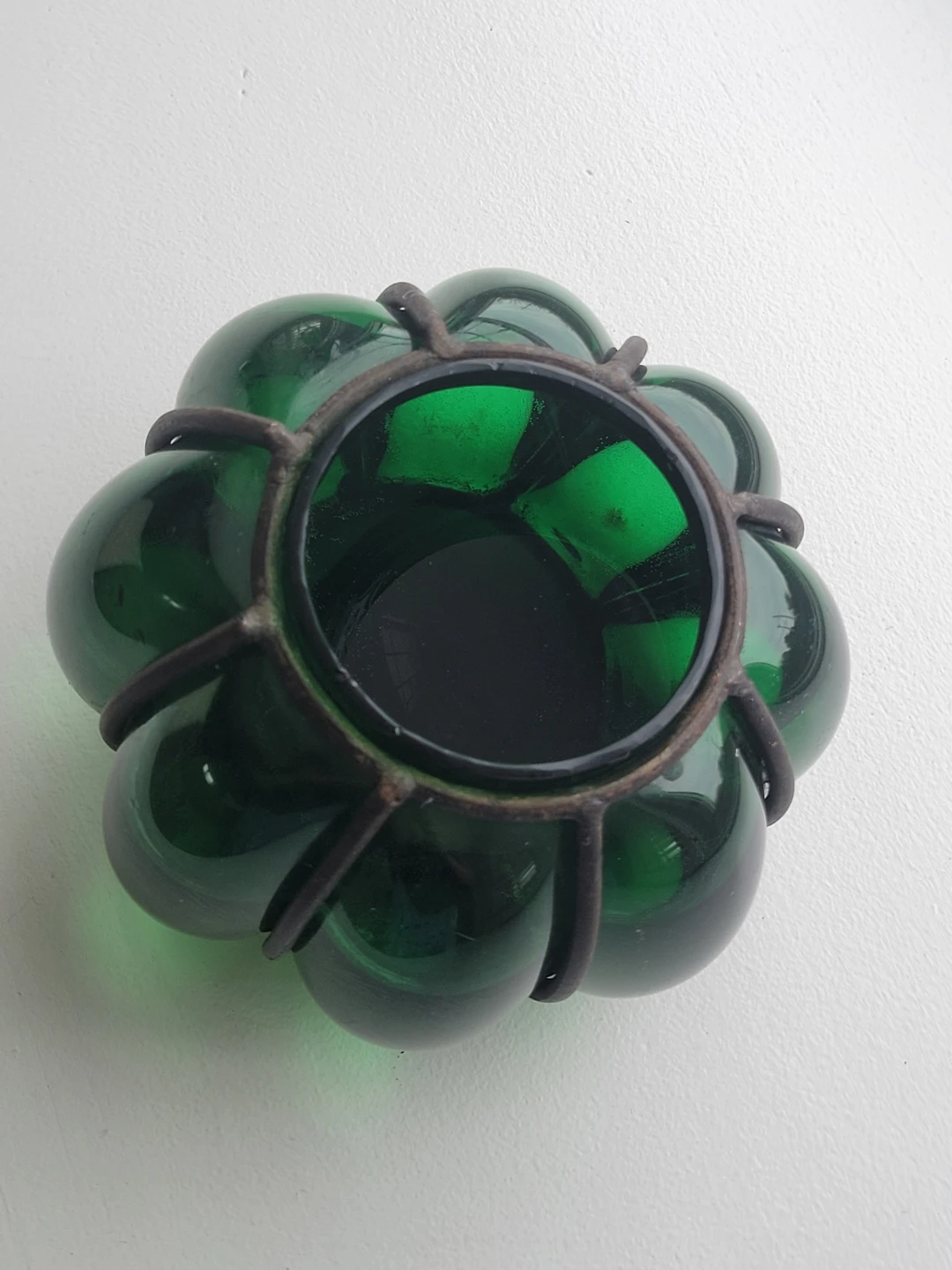 Mid Century Green Glass Candle Holder with Iron Cage.  Vasw - photo 2