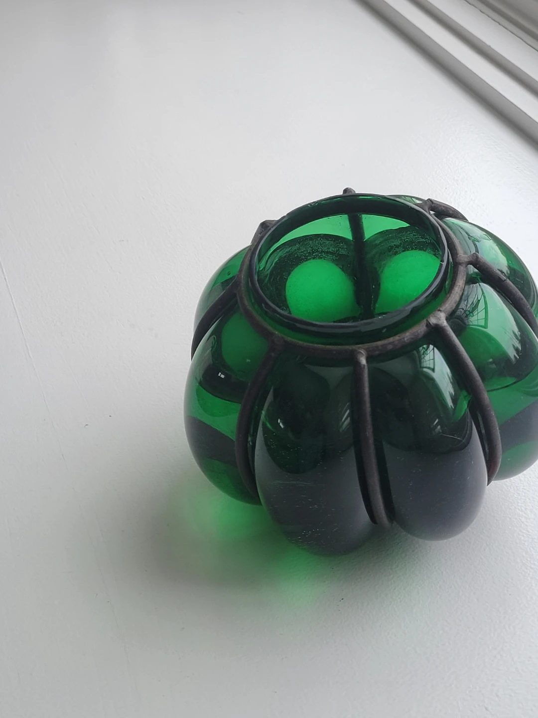 Mid Century Green Glass Candle Holder with Iron Cage.  Vasw - photo 3