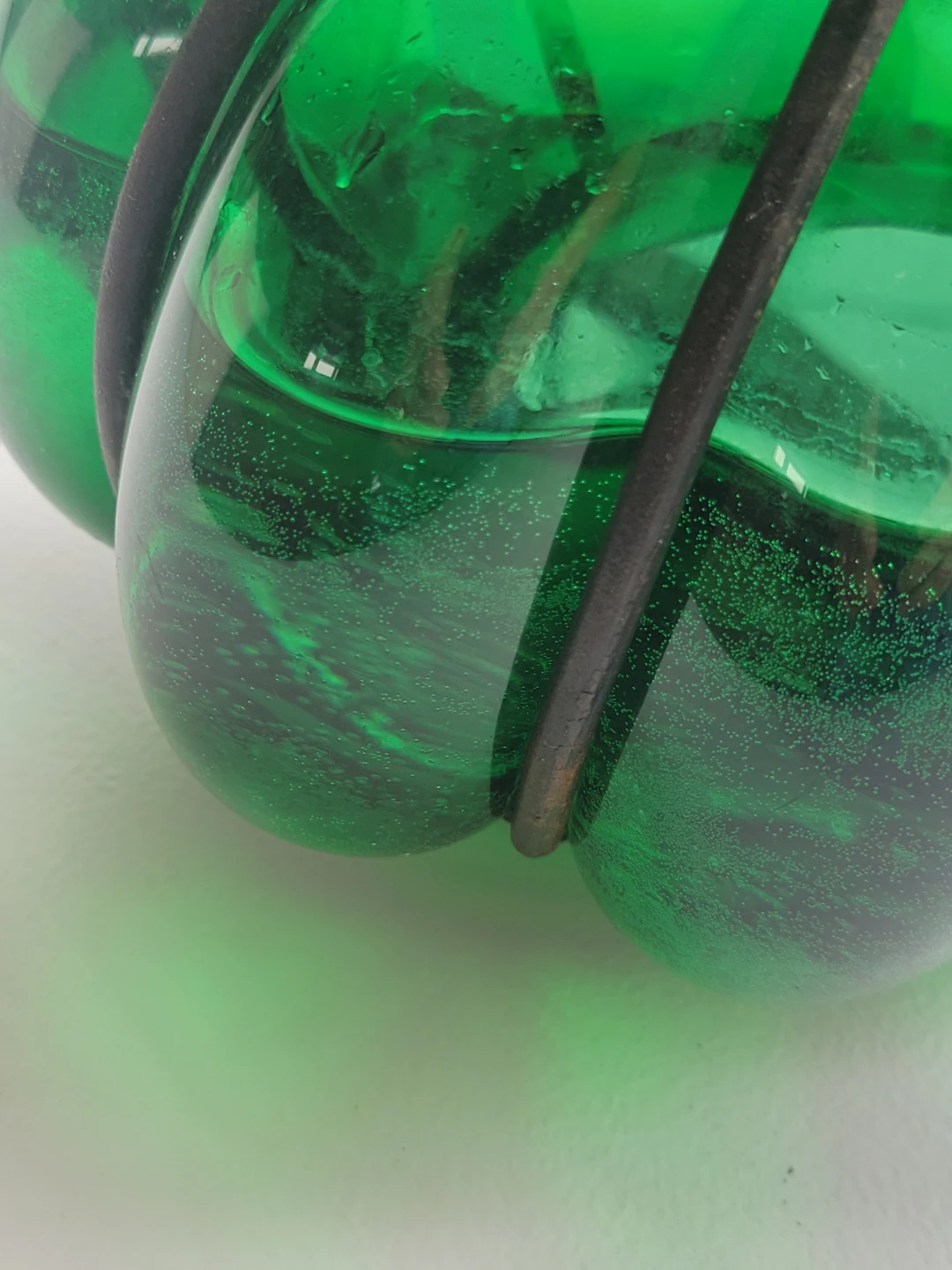 Mid Century Green Glass Candle Holder with Iron Cage.  Vasw - photo 4