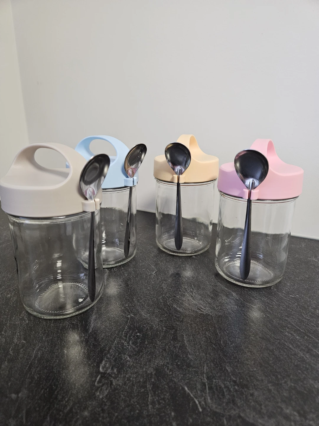 Set of 4 Glass Jars with Spoons and Lids