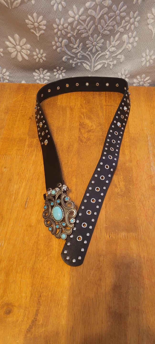 Black Studded Belt with Turquoise Gem Buckle - photo 2