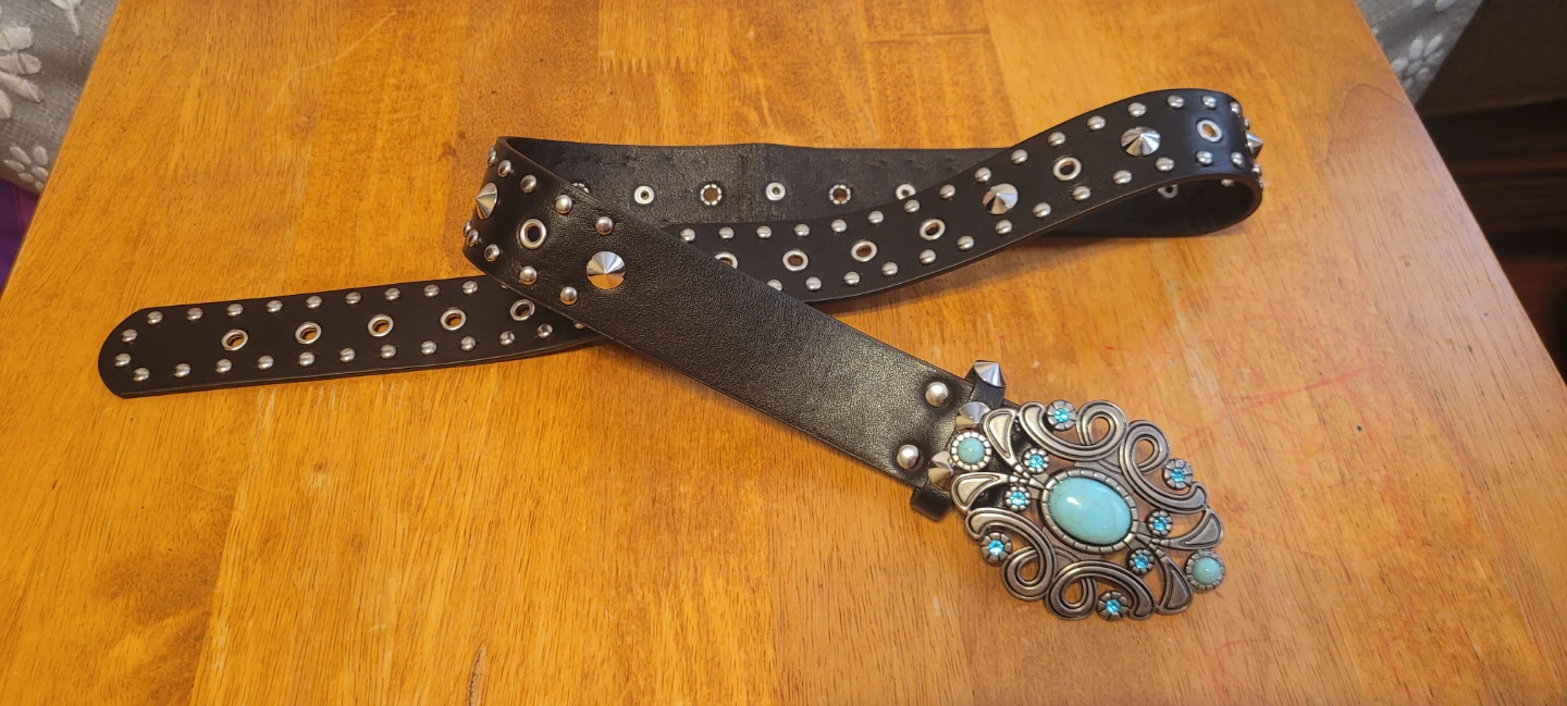 Black Studded Belt with Turquoise Gem Buckle - photo 3