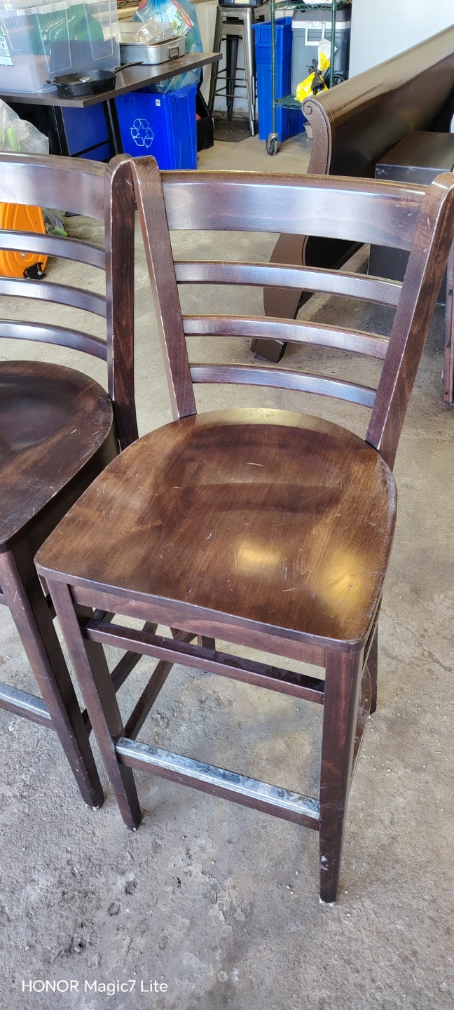 Wooden Bar Stools (Set of 18) with complementary tables