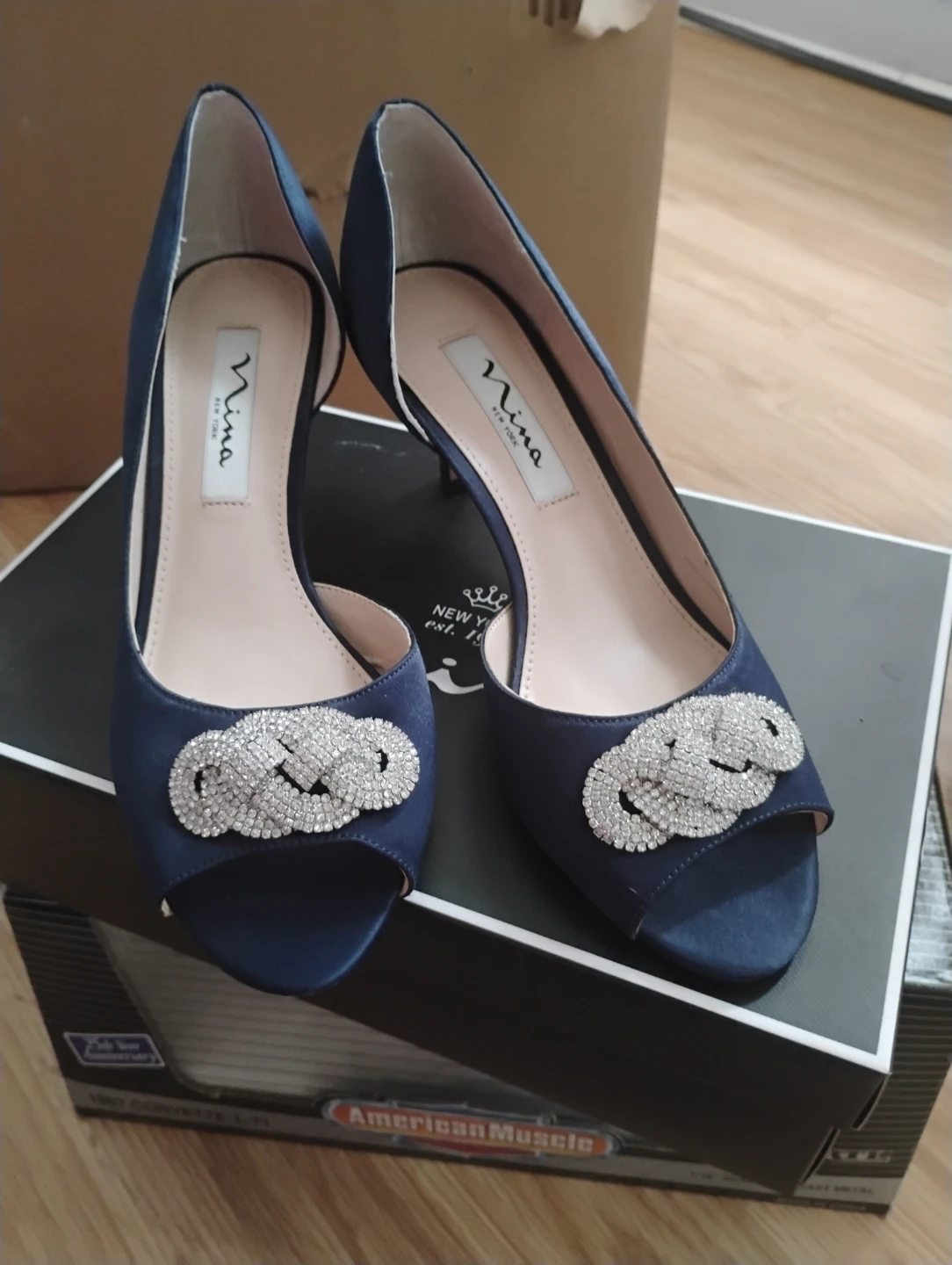 Nina New York Navy Blue Embellished Peep-Toe Heels Size 7